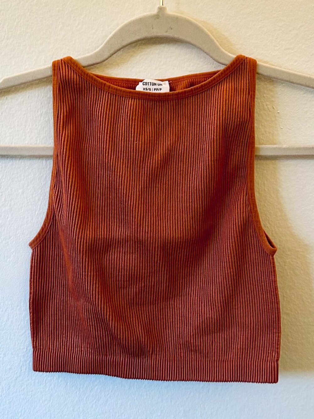 Cotton On Ribbed Terracotta High-Neck Crop Top - Size XS/S